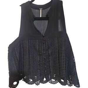 Free People Crochet Lace Cropped Tank Top With Button Details & Sheer Back Panel
